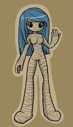 Size: 327x566 | Tagged: dead source, safe, artist:duskydreams, oc, oc only, oc:dusky dreams, human, bandage, barely pony related, brown background, female, humanized, mummy, simple background, solo