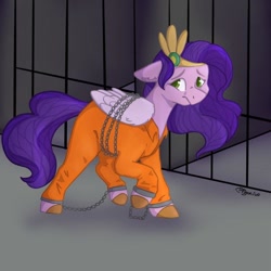 Size: 750x750 | Tagged: safe, artist:pidgeon_fluff, pipp petals, g5, bound wings, chained, chains, clothes, commissioner:rainbowdash69, cuffed, cuffs, jumpsuit, never doubt rainbowdash69's involvement, prison outfit, prisoner pipp, shackles, solo, wings