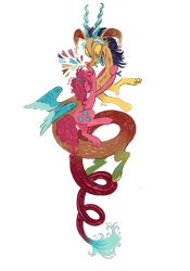 Size: 1433x2048 | Tagged: safe, artist:webkinzworldz, discord, pinkie pie, draconequus, earth pony, pony, g4, alternate design, alternate eye color, alternate hairstyle, blue teeth, blushing, colored pinnae, colored sclera, colored teeth, curly mane, curly tail, cyan teeth, duo, duo male and female, ear fluff, eyes closed, female, floating heart, floppy ears, green eyes, heart, leg fluff, looking at each other, looking at someone, lyrics in the description, male, mare, open mouth, open smile, pink coat, pink mane, pink tail, ponytail, ship:discopie, shipping, simple background, size difference, smiling, smiling at each other, spread wings, straight, tail, tied mane, transparent background, wingding eyes, wings, yellow sclera