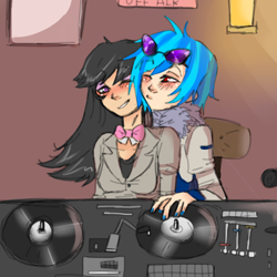 Size: 600x600 | Tagged: safe, artist:saltylenpai, dj pon-3, octavia melody, vinyl scratch, human, g4, blushing, bowtie, female, glasses, humanized, lesbian, one eye closed, ship:scratchtavia, shipping, turntable