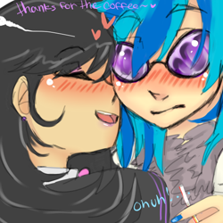 Size: 600x600 | Tagged: safe, artist:saltylenpai, dj pon-3, octavia melody, vinyl scratch, human, g4, blushing, bowtie, female, glasses, heart, humanized, lesbian, ship:scratchtavia, shipping