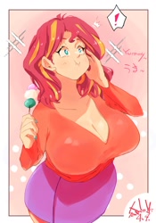 Size: 1400x2000 | Tagged: safe, artist:sozglitch, sunset shimmer, human, g4, big breasts, breasts, busty sunset shimmer, chewing, cleavage, clothes, dango, eating, exclamation point, food, huge breasts, humanized, joyful, long sleeved shirt, long sleeves, miniskirt, redhead, shirt, skirt, smiling, wide hips, yummy