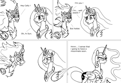 Size: 3506x2409 | Tagged: safe, artist:fleximusprime, daybreaker, nightmare moon, princess celestia, alicorn, pony, g4, 4 panel comic, angry, angry celestia, comic, concave belly, crown, english, female, folded wings, grayscale, jewelry, mare, monochrome, nightmare moon is not amused, nose wrinkle, peytral, pun, regalia, simple background, slender, thin, this will end in banishment, trio, unamused, white background, wings