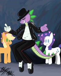 Size: 2160x2700 | Tagged: safe, artist:hollaholla69, applejack, rarity, spike, dragon, earth pony, pony, unicorn, anthro, g4, adult, adult spike, clothes, female, heart, horn, male, michael jackson, older, older spike, polyamory, ship:applespike, ship:sparijack, ship:sparity, shipping, spikeal jackson, straight, trio