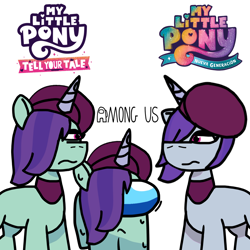 Size: 1280x1280 | Tagged: safe, artist:josephthedumbimpostor, onyx, pony, unicorn, g5, my little pony: a new generation, my little pony: tell your tale, among us, female, horn, logo, mare, self paradox, self ponidox, simple background, sweat, white background