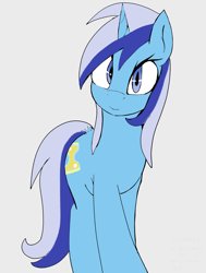 Size: 1588x2100 | Tagged: safe, artist:itzsirrice, minuette, pony, unicorn, g4, female, head tilt, horn, looking at you, mare, simple background, smiling, smiling at you, solo, text, white background
