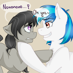 Size: 1280x1280 | Tagged: safe, artist:llacky, dj pon-3, octavia melody, vinyl scratch, pony, g4, female, half r63 shipping, lesbian, looking at each other, looking at someone, male, no, record scrape, red eyes, rule 63, ship:scrapetavia, ship:scratchtavia, shipping, simple background, speech bubble, straight