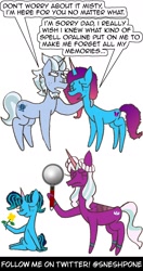 Size: 1000x1900 | Tagged: safe, artist:sneshpone, alphabittle blossomforth, misty brightdawn, opaline arcana, pony, unicorn, g5, alternate hairstyle, amnesia, female, filly, filly misty brightdawn, flower, frying pan, horn, male, mare, opabitch, rebirth misty, simple background, stallion, white background, younger