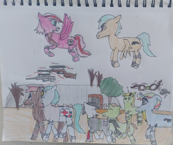 Size: 3081x2594 | Tagged: safe, artist:blackblade360, oc, oc:calkie, oc:cherry barrel, oc:grassy shot, oc:heartbeat, oc:rina flightline, oc:sharpeye, oc:stone wave, oc:toxic fritter, earth pony, ghoul, pegasus, pony, undead, unicorn, zombie, zombie pony, ashes town, fallout equestria, amputee, apocalypse, armor, armored pony, artificial wings, augmented, bag, black mane, blue coat, brown mane, clothes, colored pencil drawing, cyan mane, earth pony oc, eyelashes, flying, glowing, glowing horn, goggles, green coat, gun, horn, horns, jacket, knife, leather, leather jacket, magic, medical saddlebag, multiple characters, pants, pegasus oc, prosthetic limb, prosthetic wing, prosthetics, question mark, rifle, shirt, sniper, sniper rifle, spread wings, stable (vault), tail, talking, telekinesis, traditional art, transgender, tree, two toned mane, two toned tail, unicorn oc, walking, wasteland, weapon, white coat, wings