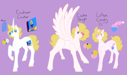 Size: 4538x2689 | Tagged: safe, artist:laughingfranki, oc, oc only, earth pony, pegasus, pony, unicorn, clown, horn, purple background, reference sheet, simple background