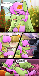 Size: 2100x4036 | Tagged: safe, artist:andaluce, merry may, oc, oc:sunny northfleet, oc:trent, pegasus, pony, unicorn, g4, bed, belly, bisexual, blushing, chest fluff, clothes, collar, comic, dress, eyebrows, eyebrows visible through hair, eyes closed, female, flower, flower in hair, frog (hoof), garden, horn, jacket, jewelry, kissing, lesbian, lying down, male, mare, on back, partially undressed, smiling, socks, speech bubble, spiked collar, spread wings, spring, stallion, straight, underhoof, wings