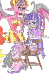 Size: 1319x1996 | Tagged: safe, artist:godzilla713, sunset shimmer, twilight sparkle, demon, human, equestria girls, g4, my little pony equestria girls, bare shoulders, big crown thingy, chair, cloth gag, duo, element of magic, fall formal outfits, female, gag, jewelry, kidnapped, regalia, rope, spread wings, sunset satan, tied to chair, traditional art, wings