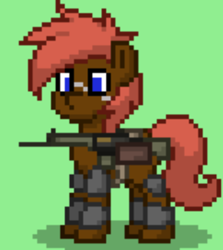 Size: 386x432 | Tagged: safe, artist:blackblade360, oc, oc only, oc:stone wave, earth pony, pony, ashes town, fallout equestria, apocalypse, armor, armored pony, battle saddle, blue eyes, brown coat, earth pony oc, green background, gun, male, pixel art, red hair, red mane, scar, simple background, solo, stallion, standing, weapon