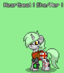 Size: 713x813 | Tagged: safe, artist:blackblade360, oc, oc only, oc:heartbeat, pony, unicorn, ashes town, fallout equestria, armor, armored pony, bag, cyan mane, eyelashes, female, gray coat, green background, horn, mare, medical saddlebag, pipbuck, pixel art, scar, simple background, solo, standing, title card, unicorn oc, yellow eyes