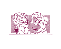 Size: 1000x808 | Tagged: safe, artist:horsewizardart, starlight glimmer, trixie, pony, unicorn, g4, alcohol, duo, duo female, eye clipping through hair, female, floating eyebrows, glass, halftone, horn, lesbian, lidded eyes, limited palette, looking at each other, looking at someone, mare, monochrome, open mouth, open smile, passepartout, raised hoof, redscale, ship:startrix, shipping, simple background, sitting, smiling, smiling at each other, unicorn horn, white background, wine, wine glass