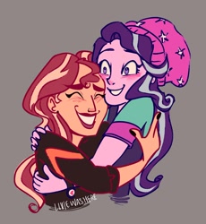 Size: 1508x1639 | Tagged: safe, artist:liviedoesart, starlight glimmer, sunset shimmer, human, equestria girls, g4, beanie, bust, duo, female, gray background, hat, hug, lesbian, redraw, ship:shimmerglimmer, shipping, simple background, smiling