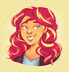 Size: 590x610 | Tagged: source needed, safe, artist:liviedoesart, sunset shimmer, human, equestria girls, g4, bust, clothes, smiling, solo