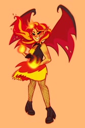 Size: 1274x1911 | Tagged: source needed, safe, artist:liviedoesart, sunset shimmer, equestria girls, g4, clothes, dress, fiery shimmer, fire, fishnet stockings, simple background, smiling, solo, sunset satan, wings