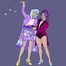 Size: 800x800 | Tagged: safe, artist:weebitpsychic, starlight glimmer, trixie, human, g4, clothes, duo, female, hat, high heels, humanized, lesbian, ship:startrix, shipping, shoes, simple background, skirt, smiling, trixie's hat