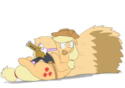Size: 1033x733 | Tagged: safe, artist:kushina13, applejack, gilda, earth pony, pony, g4, female, gun, gunified, haystack, inanimate tf, lying down, mare, mouth hold, on back, simple background, solo, transformation, wat, weapon, white background