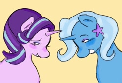 Size: 750x514 | Tagged: safe, artist:weebitpsychic, starlight glimmer, trixie, pony, unicorn, g4, bust, duo, female, horn, lesbian, looking at each other, looking at someone, ship:startrix, shipping, simple background, smiling, smiling at each other, yellow background