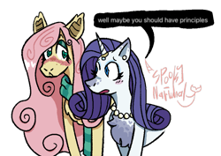 Size: 905x640 | Tagged: safe, artist:spooky-narwhal, part of a set, fluttershy, rarity, pegasus, pony, unicorn, g4, blushing, clothes, duo, freckles, heart, heart eyes, horn, jewelry, necklace, scarf, simple background, text, transparent background, wingding eyes