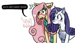 Size: 1018x586 | Tagged: safe, artist:spooky-narwhal, part of a set, fluttershy, rarity, pegasus, pony, unicorn, g4, blushing, chest fluff, clothes, duo, freckles, heart, heart eyes, horn, jewelry, necklace, scarf, simple background, text, transparent background, wingding eyes