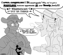 Size: 902x799 | Tagged: safe, artist:bixels, applejack, flam, flim, human, the grand galloping 20s, g4, applejack is not amused, black and white, brothers, cigar, dialogue, female, flim flam brothers, grayscale, grin, gun, hand out, handgun, humanized, male, monochrome, open mouth, revolver, shit eating grin, siblings, smiling, smoking, speech bubble, trio, unamused