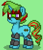 Size: 439x512 | Tagged: safe, artist:blackblade360, oc, oc only, oc:sharpeye, pony, unicorn, ashes town, fallout equestria, armor, armored pony, blue coat, blue skin, goggles, green background, green mane, horn, pixel art, purple eyes, simple background, solo, standing, tail, two toned mane, two toned tail, unicorn oc