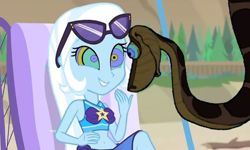 Size: 720x432 | Tagged: safe, artist:ocean lover, edit, edited screencap, screencap, trixie, human, python, snake, equestria girls, equestria girls specials, g4, my little pony equestria girls: better together, my little pony equestria girls: forgotten friendship, bare midriff, bare shoulders, beach, beach chair, beach umbrella, belly button, bikini, chair, clothes, crossover, disney, hypno eyes, hypnosis, hypnotized, kaa, kaa eyes, link in description, log, long hair, looking at each other, looking at someone, midriff, outdoors, sleeveless, smiling, sunglasses, sunglasses on head, swimsuit, the jungle book, trance, tree, white hair, youtube, youtube thumbnail