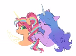 Size: 2048x1504 | Tagged: dead source, safe, artist:petaltwinkle, izzy moonbow, sunny starscout, alicorn, pony, unicorn, g5, alternate hairstyle, artificial alicorn, artificial horn, artificial wings, augmented, bracelet, colored horn, curly mane, duo, duo female, eye clipping through hair, eyebrows, eyebrows visible through hair, eyelashes, eyes closed, female, gradient mane, green eyes, horn, jewelry, long mane, looking back, magic, magic horn, magic wings, mane stripe sunny, mare, open mouth, open smile, orange coat, ponytail, profile, purple coat, race swap, shiny hooves, signature, simple background, smiling, sunnycorn, tied mane, unicorn horn, unshorn fetlocks, white background, wingding eyes, wings