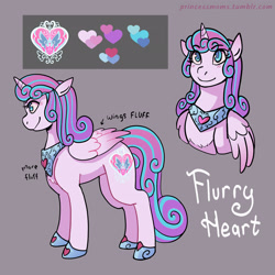 Size: 2166x2166 | Tagged: safe, artist:overlordneon, princess flurry heart, alicorn, pony, g4, bust, eyebrows, eyebrows visible through hair, female, gray background, hoof shoes, mare, name, older, older flurry heart, peytral, princess shoes, reference sheet, simple background, smiling, solo