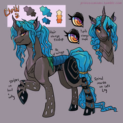 Size: 2166x2166 | Tagged: safe, artist:overlordneon, oc, oc only, oc:chriki, changeling, bust, changeling oc, female, gray background, high res, name, offspring, parent:queen chrysalis, raised hoof, reference sheet, simple background, smiling, solo, text