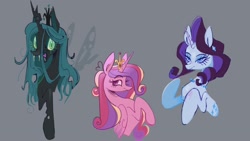 Size: 2048x1152 | Tagged: safe, artist:ubiquitousdeer, princess cadance, queen chrysalis, rarity, alicorn, changeling, changeling queen, pony, unicorn, g4, fangs, female, gray background, horn, jewelry, mare, necklace, regalia, simple background