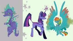 Size: 2048x1152 | Tagged: safe, artist:ubiquitousdeer, rainbow dash, spike, twilight sparkle, alicorn, dragon, pony, g4, abstract background, colored wings, female, lesbian, magic, male, mare, ship:twidash, shipping, spread wings, twilight sparkle (alicorn), winged spike, wings