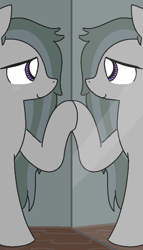 Size: 474x828 | Tagged: safe, artist:castafae, marble pie, earth pony, g4, blushing, female, hair over one eye, mare, messy mane, mirror, raised hoof, smiling, solo