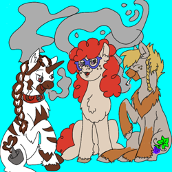 Size: 754x754 | Tagged: artist needed, oc name needed, source needed, safe, twist, oc, earth pony, pony, zebra, zebracorn, blue background, blunt, braid, braided ponytail, chest fluff, coat markings, colored hooves, colored muzzle, cyan background, drugs, ear fluff, eyes closed, freckles, joint, leg markings, lidded eyes, marijuana, open mouth, open smile, ponytail, simple background, sitting, smiling, smoke, smoking, socks (coat markings), stoner twist, stripes, trio, twist con, unshorn fetlocks