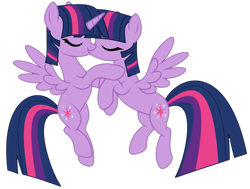 Size: 1955x1475 | Tagged: safe, ai assisted, ai content, artist:arina-gremyako, artist:twilyisbestpone, derpibooru exclusive, twilight sparkle, alicorn, pony, g4, base used, duality, duo, duo female, eyes closed, female, flying, kiss on the lips, kissing, lesbian, love, mare, pegasus wings, self paradox, self ponidox, selfcest, ship:twitwi, shipping, simple background, spread wings, transparent background, twilight sparkle (alicorn), twolight, wings