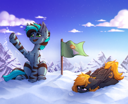 Size: 3000x2444 | Tagged: safe, artist:viryav, oc, oc only, pegasus, pony, zebra, big eyes, blush lines, blushing, cloud, complex background, female, flag, fluffy, folded wings, happy, looking away, lying down, male, male oc, mare, mountain, sky, smiling, snow, snowfall, snowflake, sparkles, stallion, tired, tired eyes, wings, winning