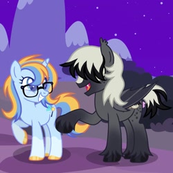 Size: 1440x1440 | Tagged: safe, artist:cosmichorrawr, oc, oc only, oc:leger demain, pegasus, pony, unicorn, base used, duo, glasses, grin, hair over eyes, horn, open mouth, open smile, pegasus oc, smiling, unicorn oc