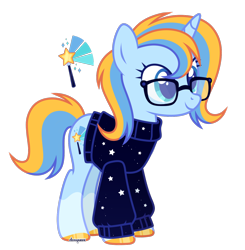 Size: 1404x1430 | Tagged: safe, artist:donquani, oc, oc only, oc:leger demain, pony, unicorn, base used, blue coat, clothes, cutie mark, glasses, horn, simple background, smiling, solo, sweater, transparent background, unicorn oc