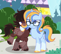 Size: 2522x2250 | Tagged: safe, artist:cosmichorrawr, oc, oc only, pegasus, pony, unicorn, base used, brown coat, duo, glasses, hooves, horn, pegasus oc, unicorn oc