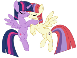 Size: 1955x1475 | Tagged: safe, ai assisted, ai content, artist:arina-gremyako, artist:twilyisbestpone, moondancer, twilight sparkle, alicorn, pony, g4, alicornified, base used, duo, duo female, eyes closed, female, flying, kiss on the lips, kissing, lesbian, love, mare, moondancercorn, race swap, ship:twidancer, shipping, simple background, spread wings, transparent background, wings