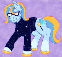 Size: 1080x988 | Tagged: safe, artist:basstenpole, oc, oc only, oc:leger demain, pony, blue mane, clothes, colored hooves, female, glasses, gold hooves, hooves, mare, purple background, smiling, solo, sweater, tail, two toned mane, two toned tail, yellow mane