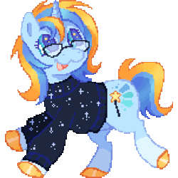 Size: 1200x1200 | Tagged: safe, artist:batsink, oc, oc only, oc:leger demain, pony, unicorn, animated, blue coat, blue eyes, blue mane, blue tail, clothes, cutie mark, horn, open mouth, open smile, pixel art, simple background, smiling, solo, sweater, tail, transparent background, two toned mane, two toned tail, unicorn oc, yellow tail
