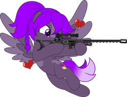 Size: 6515x5000 | Tagged: safe, artist:jhayarr23, oc, oc only, oc:violet flame, pegasus, fallout equestria, blaze (coat marking), coat markings, commission, commissioner:solar aura, facial markings, gradient tail, gun, pegasus oc, ponytail, rifle, simple background, sniper, sniper rifle, solo, tail, transparent background, weapon, wings