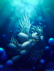 Size: 2000x2600 | Tagged: safe, artist:adagiostring, oc, oc only, pegasus, pony, asphyxiation, blue eyes, bubble, chest fluff, commission, crepuscular rays, dark, digital art, drowning, eyelashes, feather, female, flowing mane, flowing tail, high res, looking up, mare, ocean, pegasus oc, sad, signature, solo, spread wings, sunlight, swimming, tail, underwater, water, wings