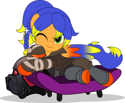 Size: 6088x5000 | Tagged: safe, artist:jhayarr23, oc, oc only, oc:solar aura, pegasus, fallout equestria, armor, braid, colored wings, commission, commissioner:solar aura, couch, gradient hooves, gradient wings, helmet, ncr ranger, one eye closed, one eye open, pegasus oc, ponytail, ranger, simple background, solo, transparent background, wings, wink