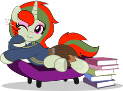 Size: 6754x5000 | Tagged: safe, artist:jhayarr23, oc, oc only, oc:scarlet reverie, unicorn, fallout equestria, book, braid, chosen one, clothes, commission, commissioner:solar aura, couch, eyeshadow, fallout, horn, jumpsuit, makeup, one eye closed, one eye open, simple background, skirt, solo, spots, stack of books, transparent background, tribal, unicorn oc, vault 13, vault 13 jumpsuit, vault suit, wink