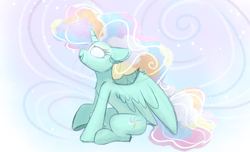 Size: 1280x777 | Tagged: safe, artist:lbrcloud, oc, oc only, alicorn, pony, alicorn oc, ethereal mane, female, glowing, glowing eyes, horn, looking up, mare, open mouth, open smile, sitting, smiling, solo, wings
